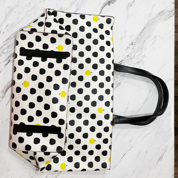 Black and Yellow Polka Dot and Apple Kate Spade Tote Large Purse - Picture 12 of 16